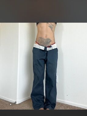 Dickies Women's Straight Leg Pants in Dark Navy with White Waistband Detail